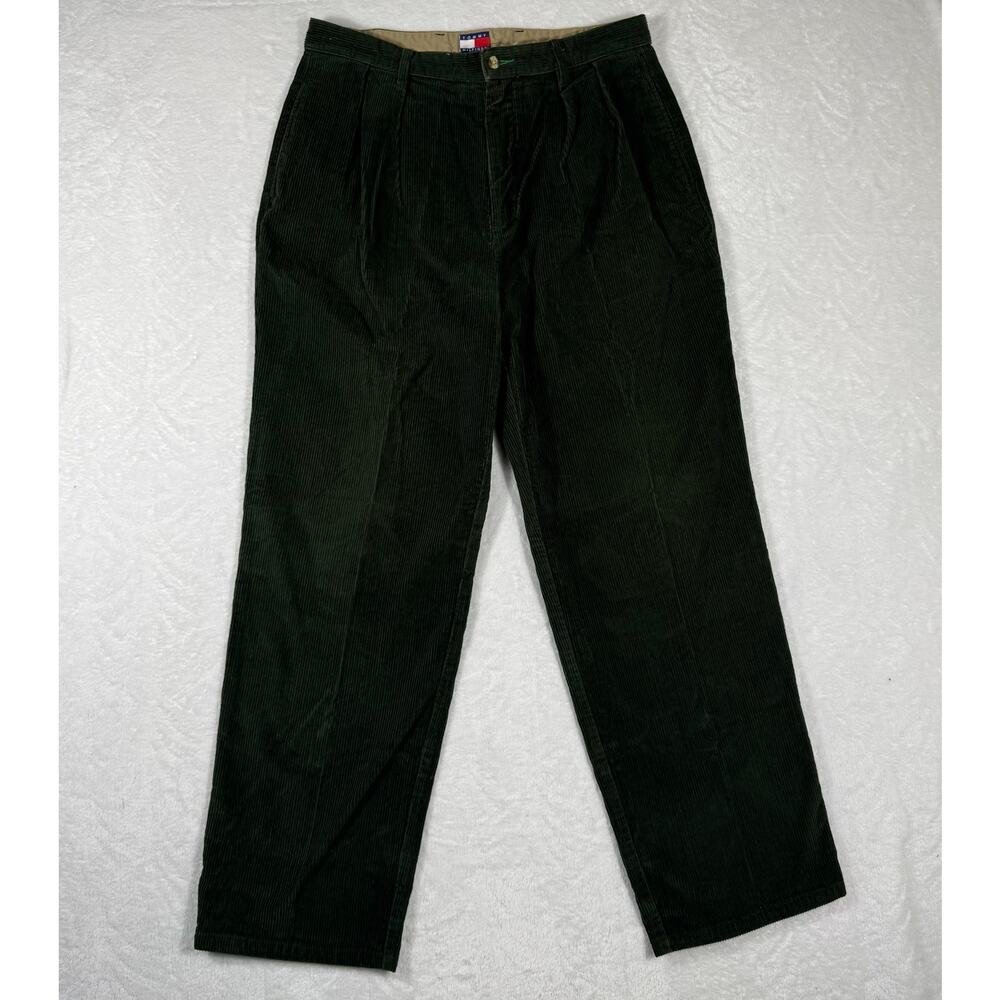 Tommy Hilfiger Mens 38W 35L Pleated Green Corduroy Pants Relaxed Trousers Cotton